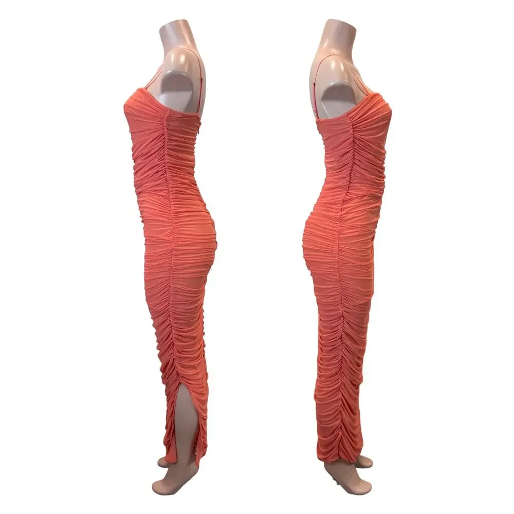 Venus Coral Ruched Bodycon Side Slit Maxi Dress SZ M